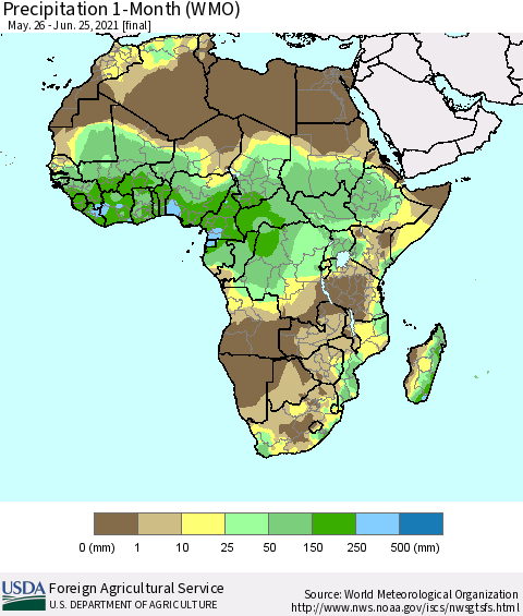 Africa Precipitation 1-Month (WMO) Thematic Map For 5/26/2021 - 6/25/2021
