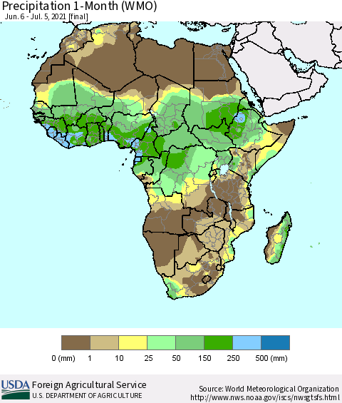 Africa Precipitation 1-Month (WMO) Thematic Map For 6/6/2021 - 7/5/2021