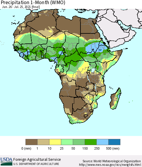 Africa Precipitation 1-Month (WMO) Thematic Map For 6/26/2021 - 7/25/2021