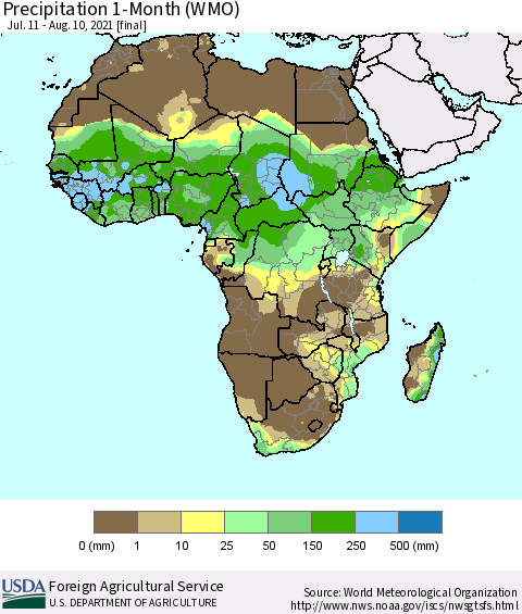 Africa Precipitation 1-Month (WMO) Thematic Map For 7/11/2021 - 8/10/2021