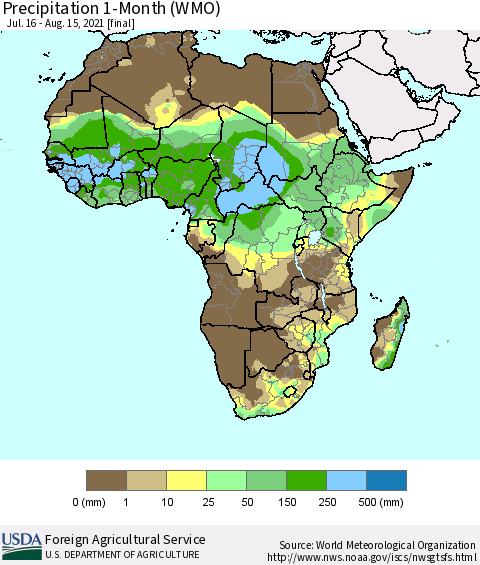 Africa Precipitation 1-Month (WMO) Thematic Map For 7/16/2021 - 8/15/2021