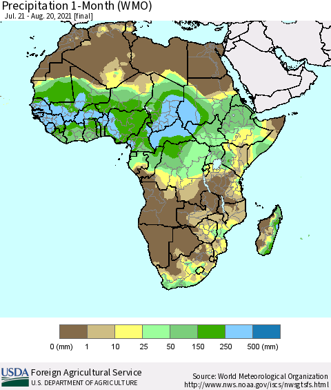 Africa Precipitation 1-Month (WMO) Thematic Map For 7/21/2021 - 8/20/2021