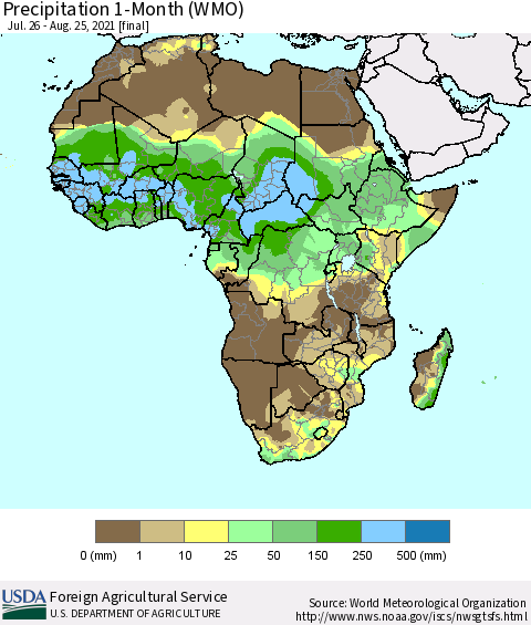 Africa Precipitation 1-Month (WMO) Thematic Map For 7/26/2021 - 8/25/2021
