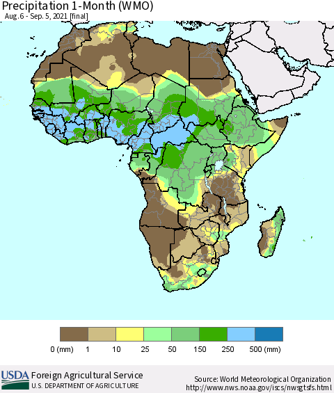 Africa Precipitation 1-Month (WMO) Thematic Map For 8/6/2021 - 9/5/2021