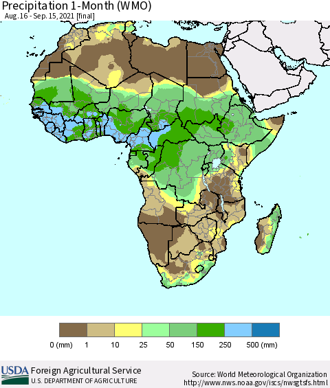 Africa Precipitation 1-Month (WMO) Thematic Map For 8/16/2021 - 9/15/2021