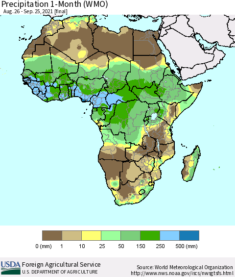 Africa Precipitation 1-Month (WMO) Thematic Map For 8/26/2021 - 9/25/2021