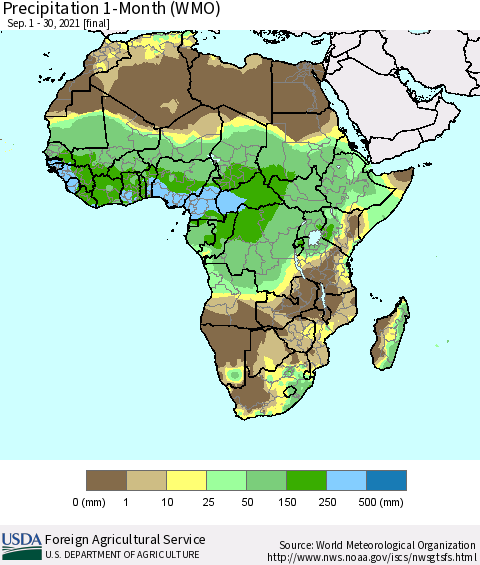 Africa Precipitation 1-Month (WMO) Thematic Map For 9/1/2021 - 9/30/2021