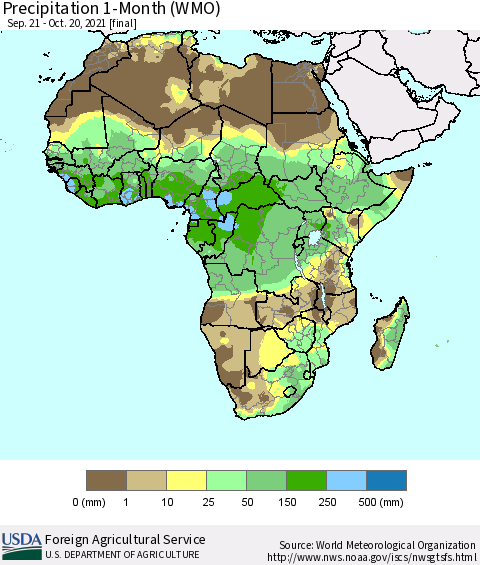 Africa Precipitation 1-Month (WMO) Thematic Map For 9/21/2021 - 10/20/2021