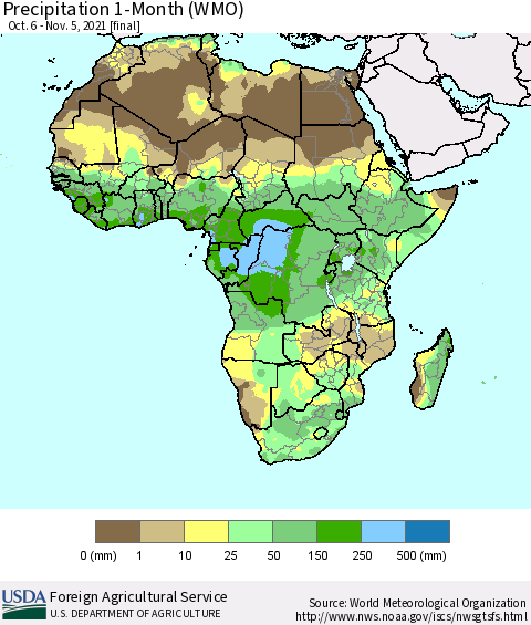 Africa Precipitation 1-Month (WMO) Thematic Map For 10/6/2021 - 11/5/2021