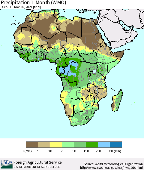 Africa Precipitation 1-Month (WMO) Thematic Map For 10/11/2021 - 11/10/2021