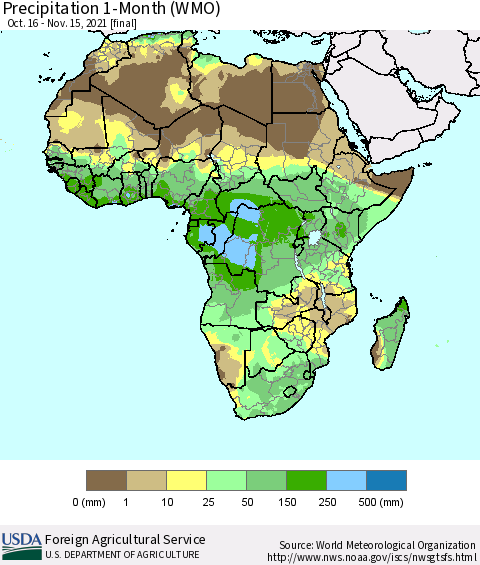 Africa Precipitation 1-Month (WMO) Thematic Map For 10/16/2021 - 11/15/2021