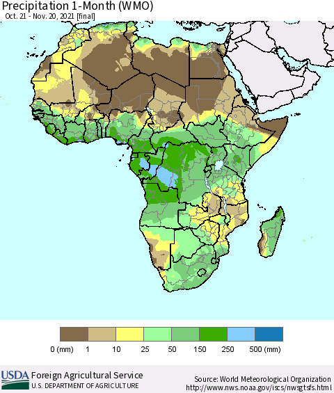Africa Precipitation 1-Month (WMO) Thematic Map For 10/21/2021 - 11/20/2021