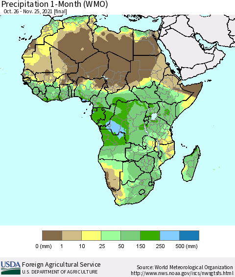 Africa Precipitation 1-Month (WMO) Thematic Map For 10/26/2021 - 11/25/2021