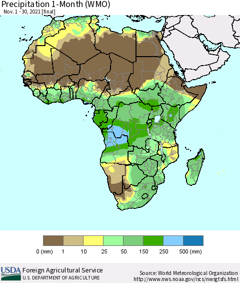 Africa Precipitation 1-Month (WMO) Thematic Map For 11/1/2021 - 11/30/2021