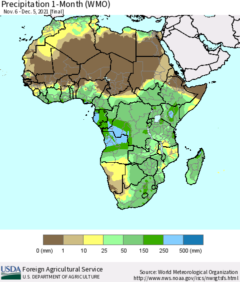 Africa Precipitation 1-Month (WMO) Thematic Map For 11/6/2021 - 12/5/2021
