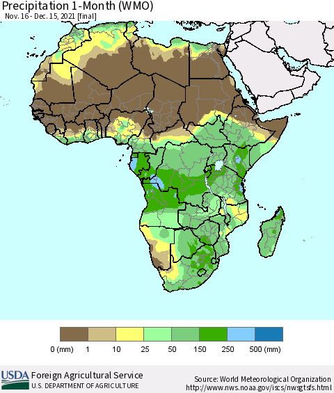 Africa Precipitation 1-Month (WMO) Thematic Map For 11/16/2021 - 12/15/2021