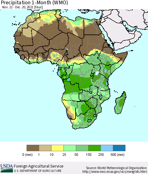 Africa Precipitation 1-Month (WMO) Thematic Map For 11/21/2021 - 12/20/2021