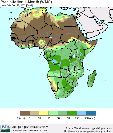 Africa Precipitation 1-Month (WMO) Thematic Map For 11/26/2021 - 12/25/2021