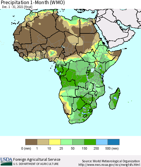 Africa Precipitation 1-Month (WMO) Thematic Map For 12/1/2021 - 12/31/2021