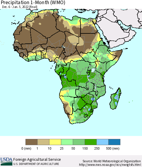 Africa Precipitation 1-Month (WMO) Thematic Map For 12/6/2021 - 1/5/2022