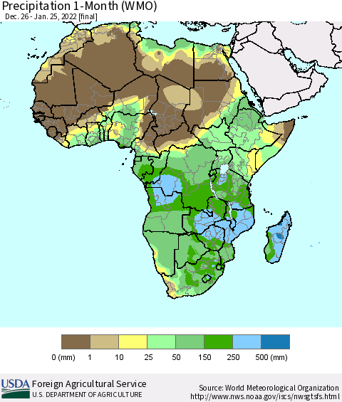 Africa Precipitation 1-Month (WMO) Thematic Map For 12/26/2021 - 1/25/2022