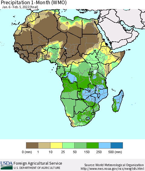 Africa Precipitation 1-Month (WMO) Thematic Map For 1/6/2022 - 2/5/2022