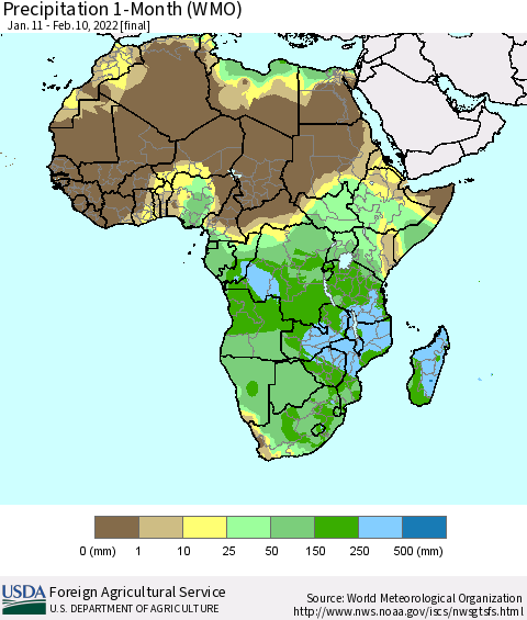 Africa Precipitation 1-Month (WMO) Thematic Map For 1/11/2022 - 2/10/2022