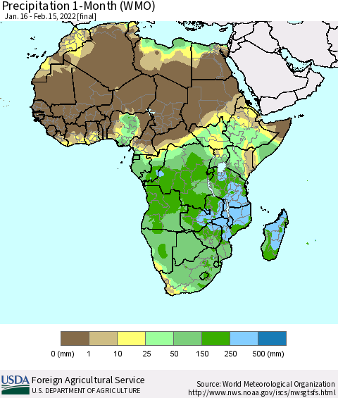 Africa Precipitation 1-Month (WMO) Thematic Map For 1/16/2022 - 2/15/2022