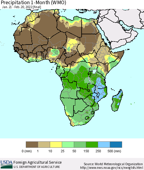 Africa Precipitation 1-Month (WMO) Thematic Map For 1/21/2022 - 2/20/2022