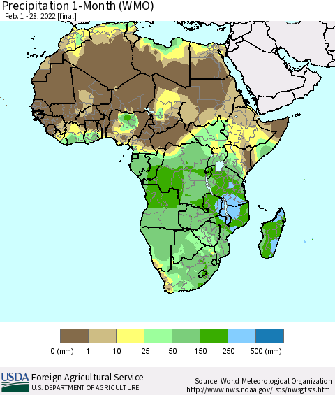 Africa Precipitation 1-Month (WMO) Thematic Map For 2/1/2022 - 2/28/2022
