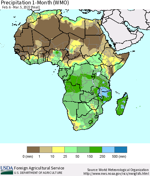 Africa Precipitation 1-Month (WMO) Thematic Map For 2/6/2022 - 3/5/2022