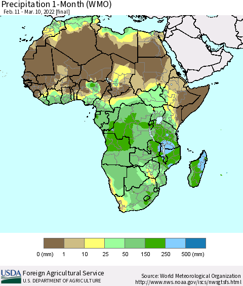 Africa Precipitation 1-Month (WMO) Thematic Map For 2/11/2022 - 3/10/2022