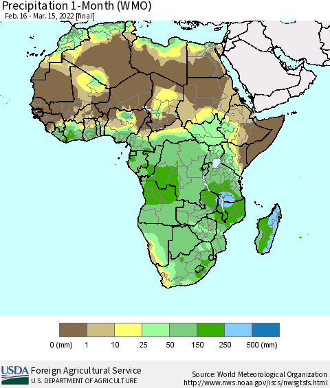 Africa Precipitation 1-Month (WMO) Thematic Map For 2/16/2022 - 3/15/2022
