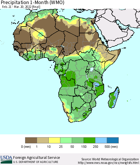 Africa Precipitation 1-Month (WMO) Thematic Map For 2/21/2022 - 3/20/2022