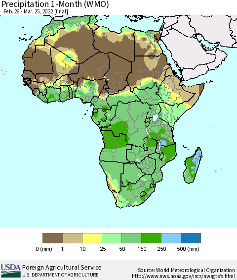 Africa Precipitation 1-Month (WMO) Thematic Map For 2/26/2022 - 3/25/2022