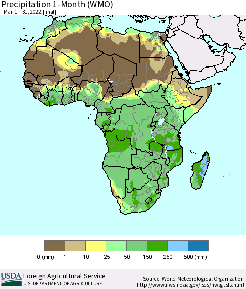 Africa Precipitation 1-Month (WMO) Thematic Map For 3/1/2022 - 3/31/2022