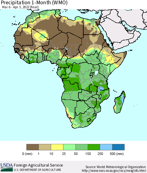 Africa Precipitation 1-Month (WMO) Thematic Map For 3/6/2022 - 4/5/2022