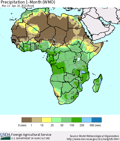 Africa Precipitation 1-Month (WMO) Thematic Map For 3/11/2022 - 4/10/2022
