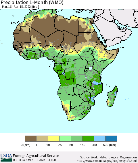 Africa Precipitation 1-Month (WMO) Thematic Map For 3/16/2022 - 4/15/2022