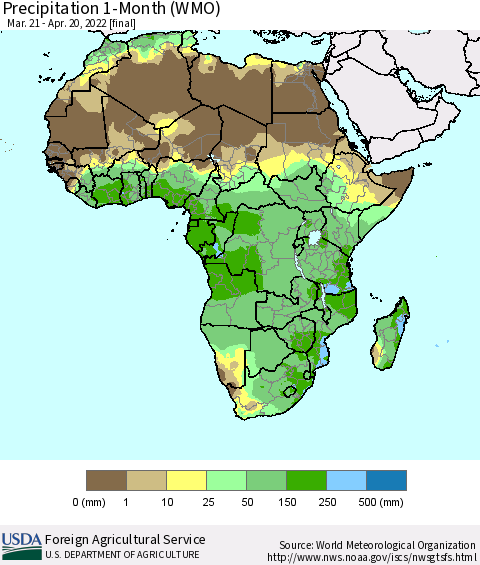 Africa Precipitation 1-Month (WMO) Thematic Map For 3/21/2022 - 4/20/2022