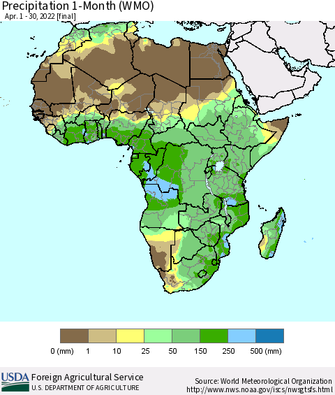 Africa Precipitation 1-Month (WMO) Thematic Map For 4/1/2022 - 4/30/2022