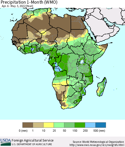 Africa Precipitation 1-Month (WMO) Thematic Map For 4/6/2022 - 5/5/2022