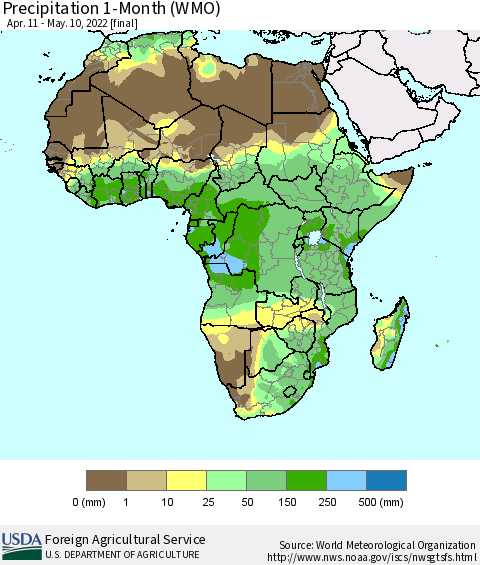 Africa Precipitation 1-Month (WMO) Thematic Map For 4/11/2022 - 5/10/2022