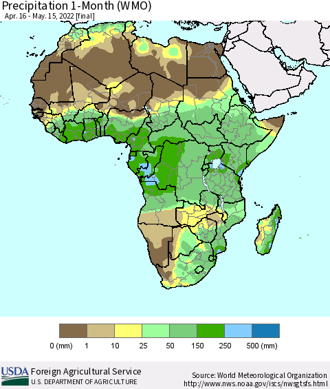Africa Precipitation 1-Month (WMO) Thematic Map For 4/16/2022 - 5/15/2022