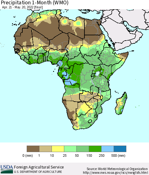 Africa Precipitation 1-Month (WMO) Thematic Map For 4/21/2022 - 5/20/2022