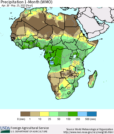 Africa Precipitation 1-Month (WMO) Thematic Map For 4/26/2022 - 5/25/2022
