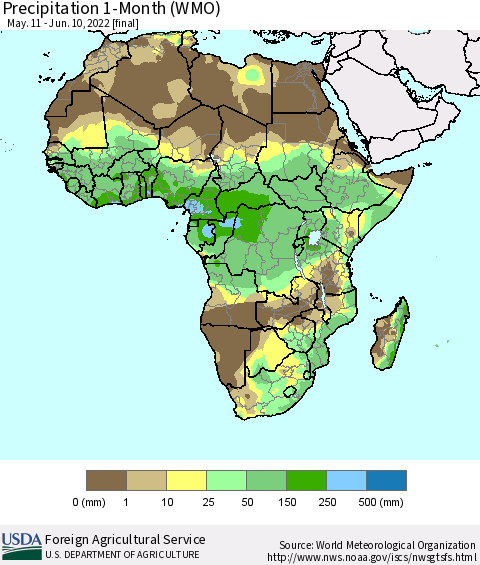 Africa Precipitation 1-Month (WMO) Thematic Map For 5/11/2022 - 6/10/2022