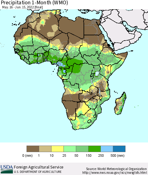 Africa Precipitation 1-Month (WMO) Thematic Map For 5/16/2022 - 6/15/2022