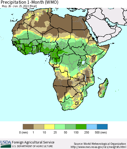 Africa Precipitation 1-Month (WMO) Thematic Map For 5/26/2022 - 6/25/2022