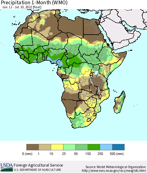 Africa Precipitation 1-Month (WMO) Thematic Map For 6/11/2022 - 7/10/2022